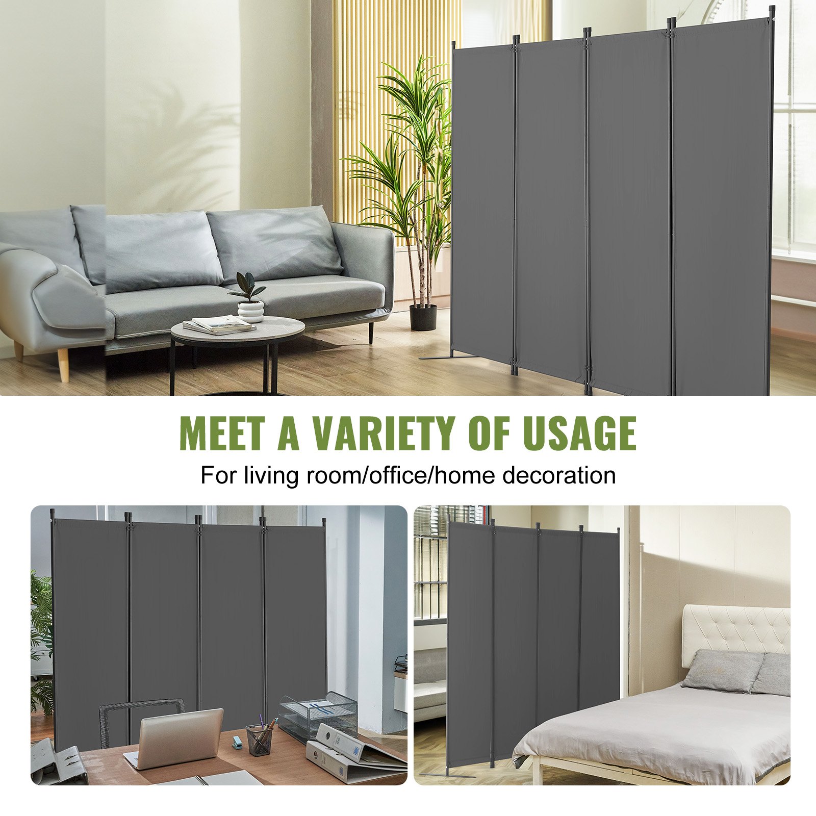 VEVOR Room Divider Partition 4-Panel Folding Screen Privacy Screen for Office, Bedroom, Dining Room, Study, Balcony, Freestanding Room Divider (56 x 45 x 172.5 cm), Grey