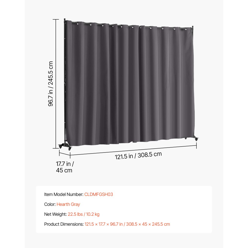 VEVOR Biombo Separador 308,5x45x245,5 cm Biombo Portátil con Ruedas Tela de Poliéster Separador de Ambientes de Privacidad con Ruedas para Oficina, Hospital, Dormitorio, Comedor, Estudio, Gris