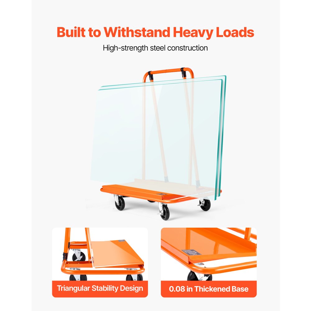 VEVOR Carro para Paneles, Capacidad de Carga de 816 kg, con 4 Ruedas Giratorias y Correa de Tensión, Ayuda de Transporte para Contrachapado, Yeso y Vidrio, 1150 x 555 x 1180 mm, Color Naranja