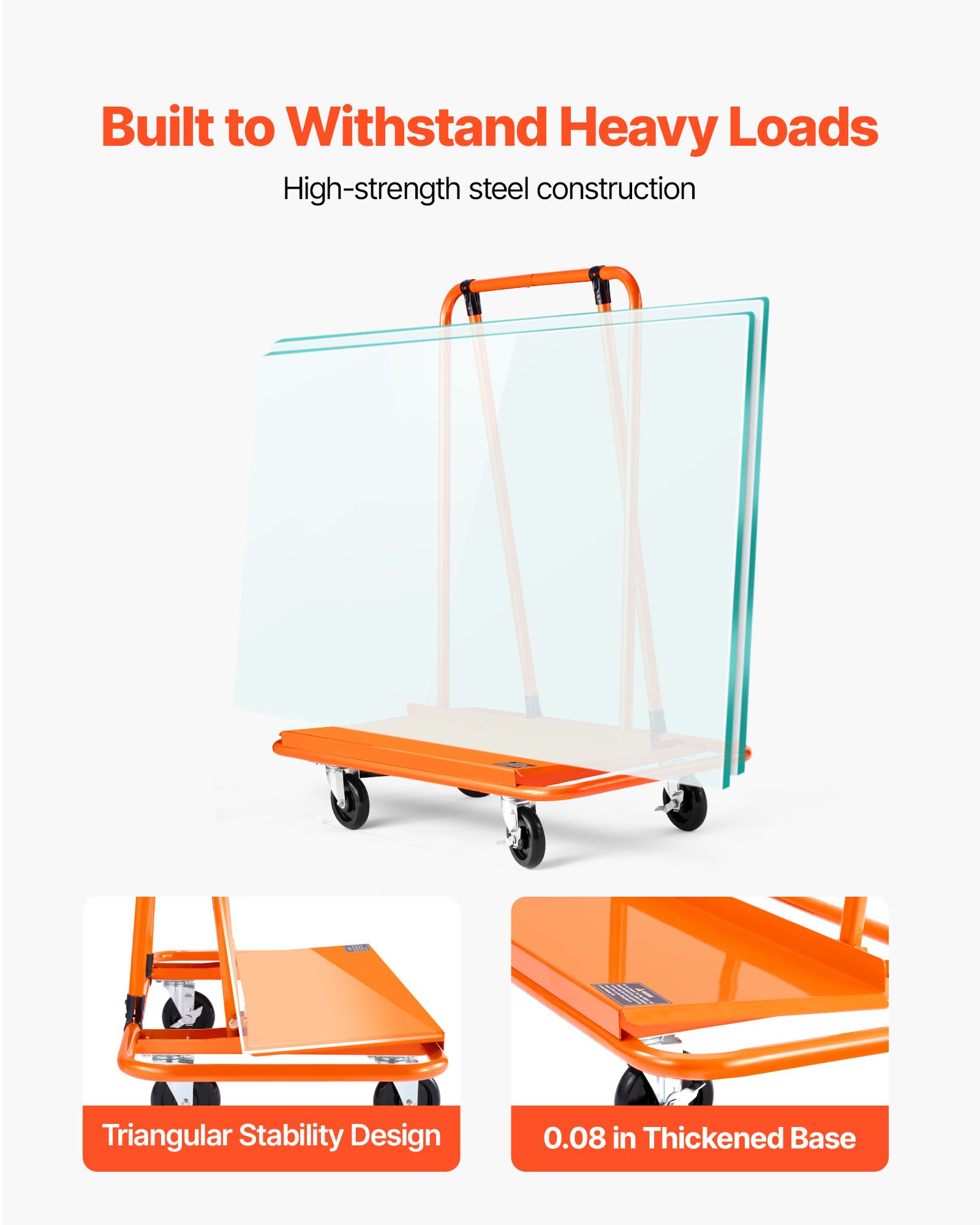VEVOR Carro para Paneles, Capacidad de Carga de 816 kg, con 4 Ruedas Giratorias y Correa de Tensión, Ayuda de Transporte para Contrachapado, Yeso y Vidrio, 1150 x 555 x 1180 mm, Color Naranja