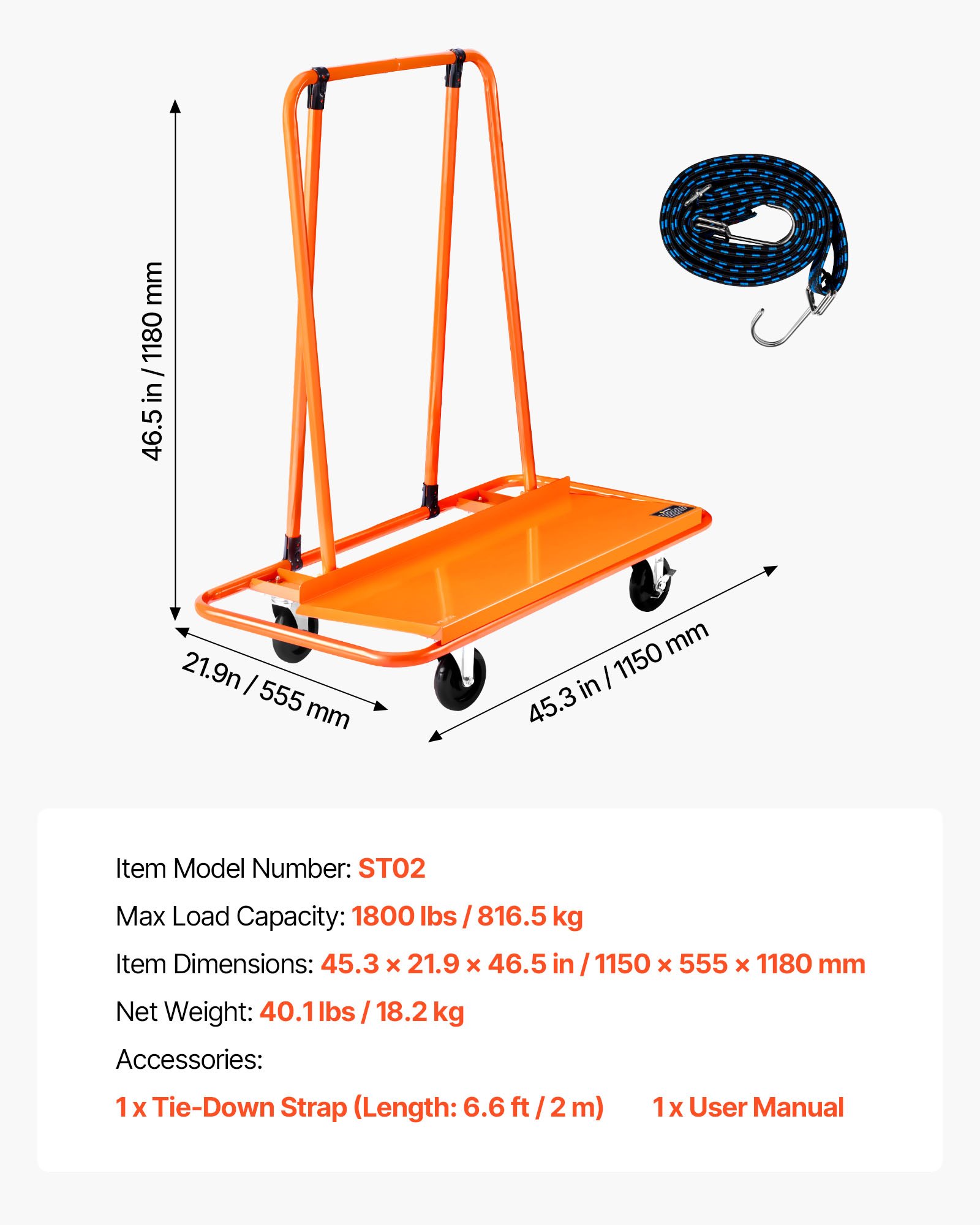 VEVOR Carro para Paneles, Capacidad de Carga de 816 kg, con 4 Ruedas Giratorias y Correa de Tensión, Ayuda de Transporte para Contrachapado, Yeso y Vidrio, 1150 x 555 x 1180 mm, Color Naranja