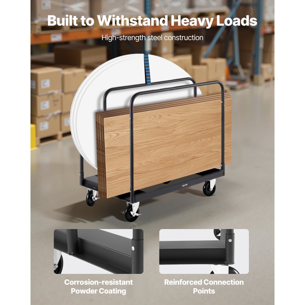 VEVOR Drywall Cart Dolly, 816 kg Load Capacity, Steel Panel Truck Cart with 12.5 mm Swivel Casters, Lumber Drywall Dolly with with Tie-Down Strap & 3 Side Handrails for Factory, Warehouse, Garage, Black