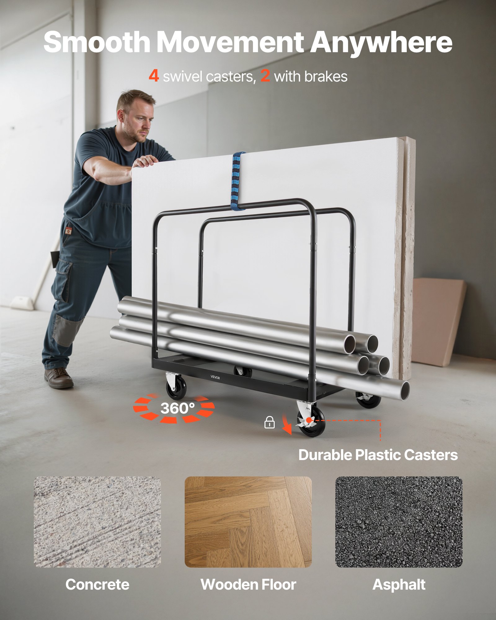 VEVOR Drywall Cart Dolly, 816 kg Load Capacity, Steel Panel Truck Cart with 12.5 mm Swivel Casters, Lumber Drywall Dolly with with Tie-Down Strap & 3 Side Handrails for Factory, Warehouse, Garage, Black