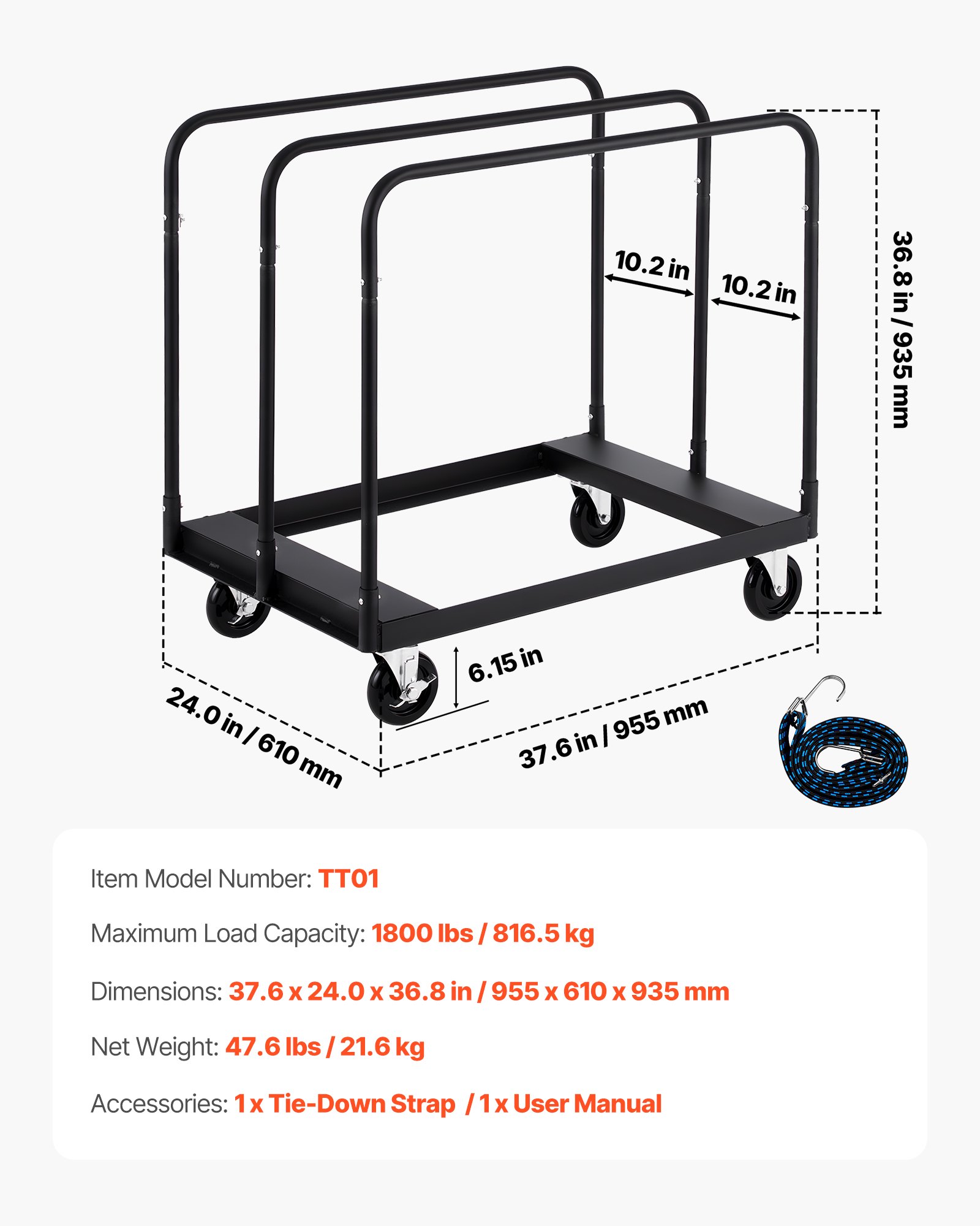 VEVOR Drywall Cart Dolly, 816 kg Load Capacity, Steel Panel Truck Cart with 12.5 mm Swivel Casters, Lumber Drywall Dolly with with Tie-Down Strap & 3 Side Handrails for Factory, Warehouse, Garage, Black