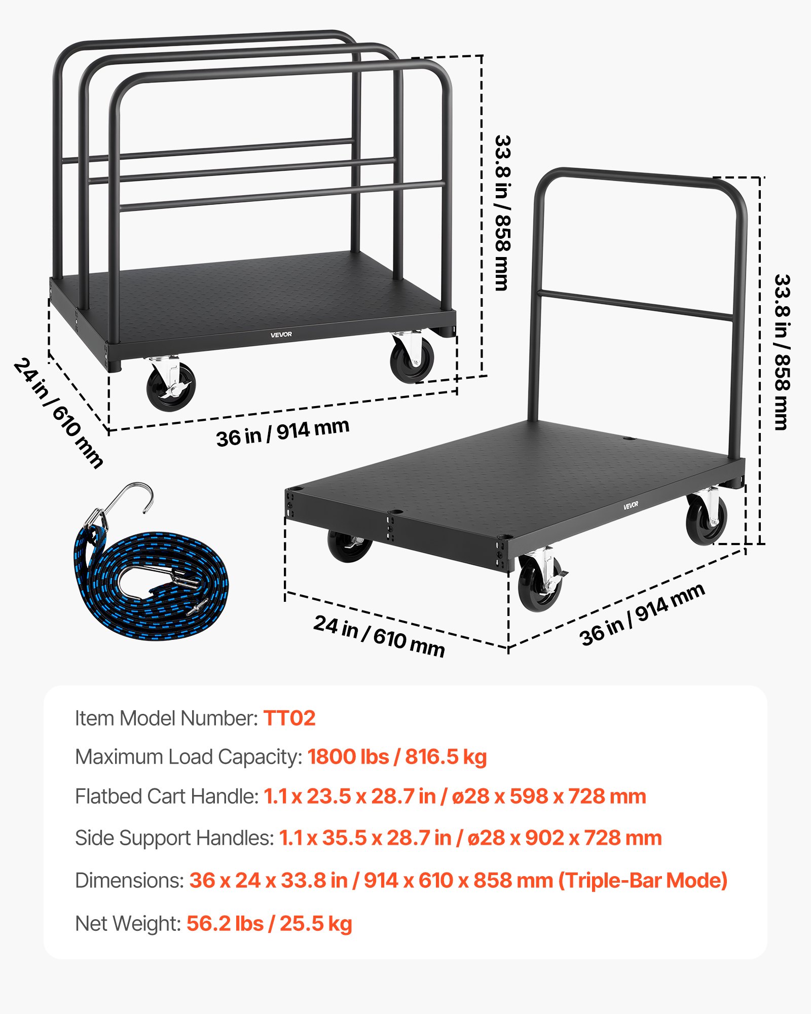 VEVOR Carro Portaplatos, Carga 816 kg, 2 en 1, con Ruedas Giratorias de 360°, Rodillo Portaplatos y 4 Pasamanos Laterales, para Fábricas, Almacenes y Garajes, Color Negro, 914 x 610 x 858 mm