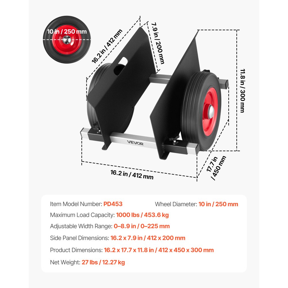VEVOR Carro Portaplacas, Carga 453,6 kg, con Ruedas de Goma, Rodillo para Placas, Ayuda para el Transporte de Placas de Acero, Colchones, Puertas y Paneles de Yeso, Negro, 412 x 450 x 300 mm