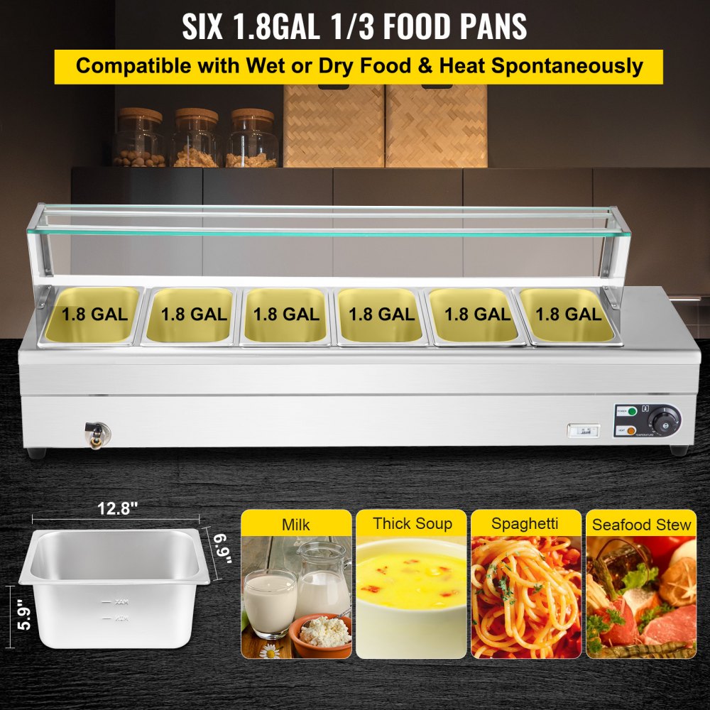 VEVOR Calentador Bufé de 5,7 L, Servidor de Bufé de Acero Inoxidable Grado Alimenticio, Calentador de Comida para Bufé 6 Calentador de Comida Bandeja, Caliente para Bufé Temperatura Ajustable 30-85℃