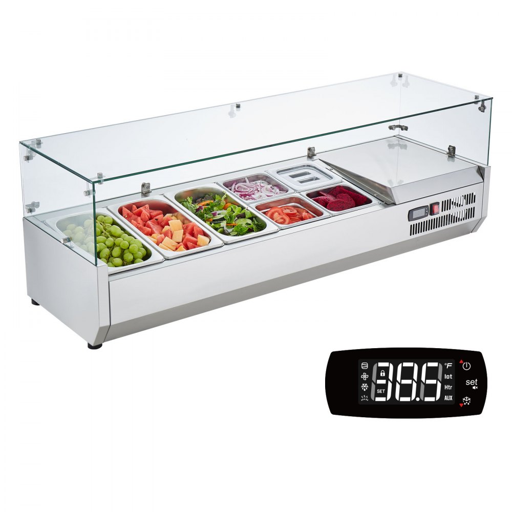 VEVOR Estación de Preparación de Condimentos Refrigerada, Estación de Condimentos Refrigerada para Encimera de 150 W, Cuerpo Inoxidable, Mesa de Preparación con Protector de Vidrio 1305 x 404 x 450 mm