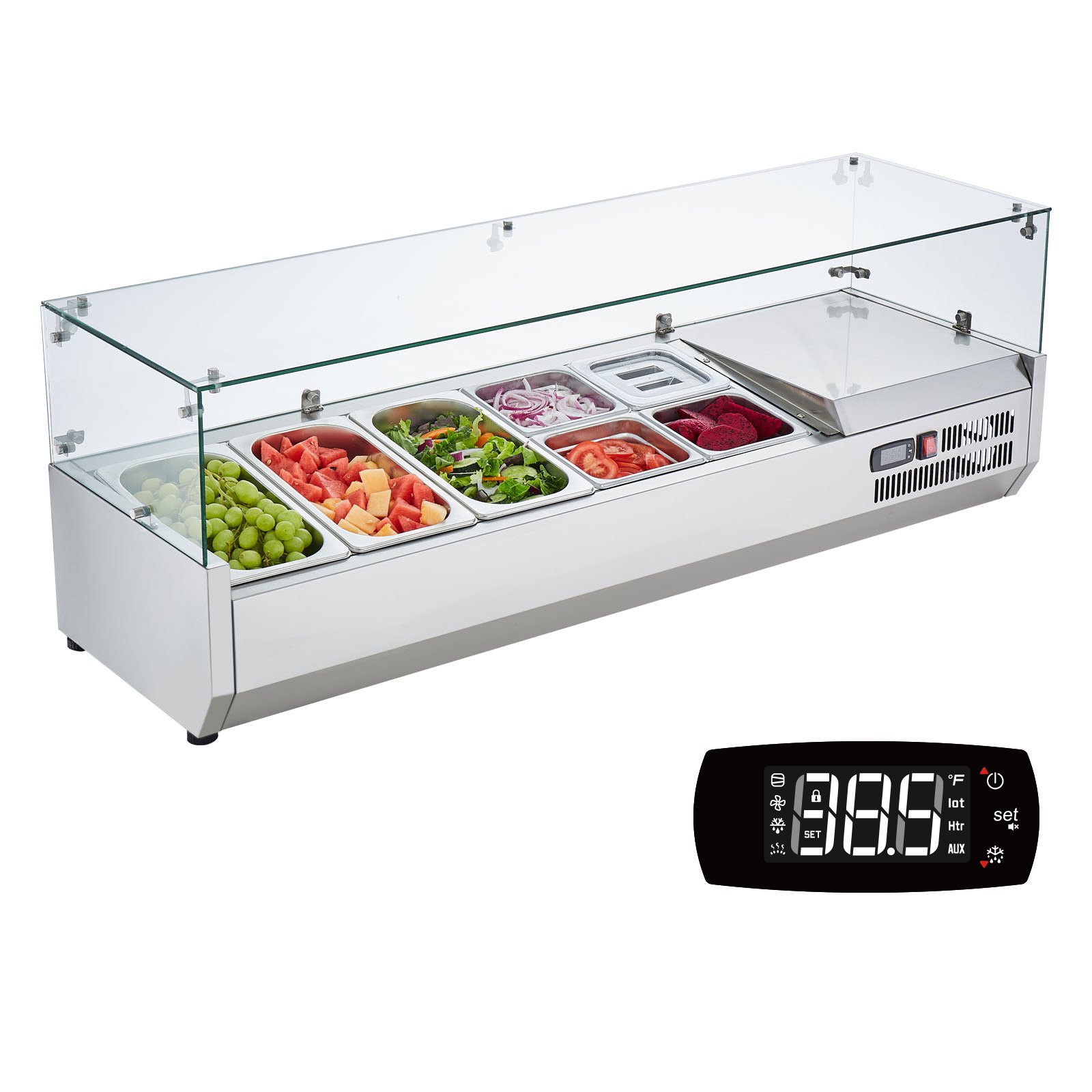 VEVOR Estación de Preparación de Condimentos Refrigerada, Estación de Condimentos Refrigerada para Encimera de 150 W, Cuerpo Inoxidable, Mesa de Preparación con Protector de Vidrio 1305 x 404 x 450 mm