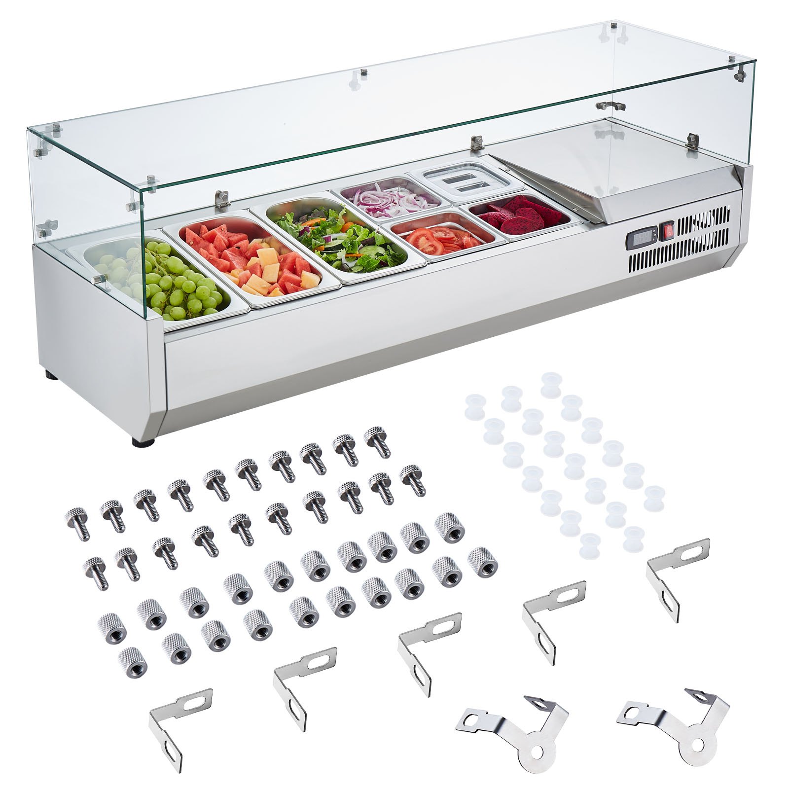 VEVOR Estación de Preparación de Condimentos Refrigerada, Estación de Condimentos Refrigerada para Encimera de 150 W, Cuerpo Inoxidable, Mesa de Preparación con Protector de Vidrio 1305 x 404 x 450 mm