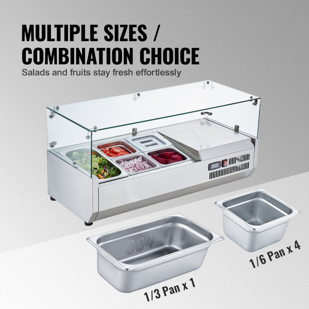 VEVOR 140 W Refrigerated Spice Station for the Worktop, with 1 x 1/3 Pan & 4 x 1/6 Pans, Stainless Steel 304 Body & Polycarbonate Lid, Sandwich Preparation Table with Glass Protection