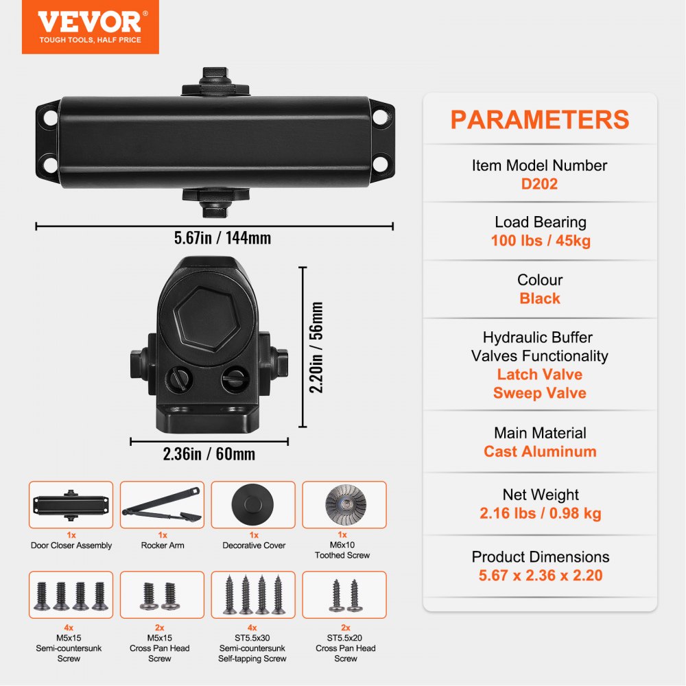 VEVOR Cierrapuertas Automático para Uso Comercial Privado Carga 45 kg Cierrapuertas de Aluminio Fundido Cierrapuertas Tamaño Ajustable con Carcasa de Tope Hidráulico Tres métodos de instalación Negro