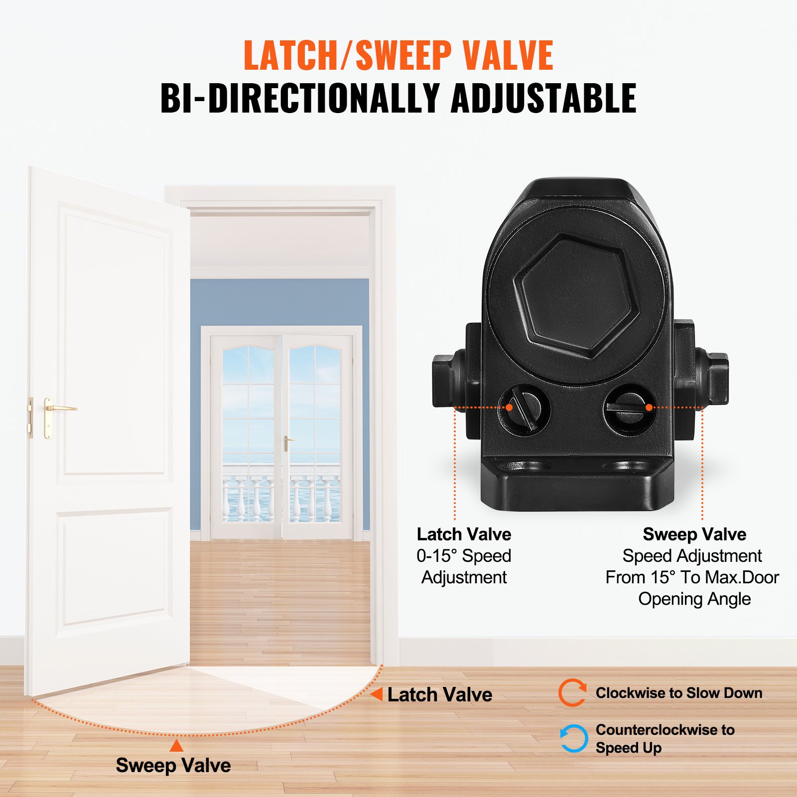 VEVOR Cierrapuertas Automático para Uso Comercial Privado Carga 45 kg Cierrapuertas de Aluminio Fundido Cierrapuertas Tamaño Ajustable con Carcasa de Tope Hidráulico Tres métodos de instalación Negro