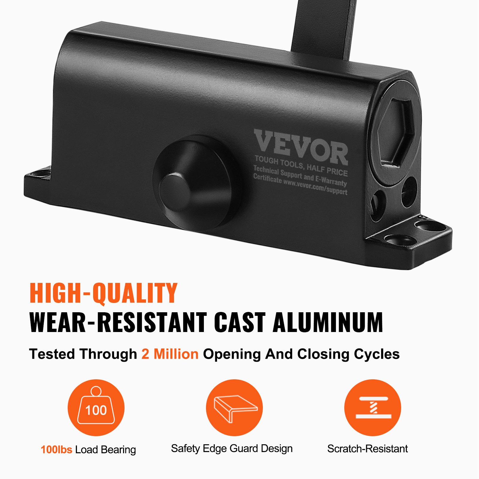 VEVOR Cierrapuertas Automático para Uso Comercial Privado Carga 45 kg Cierrapuertas de Aluminio Fundido Cierrapuertas Tamaño Ajustable con Carcasa de Tope Hidráulico Tres métodos de instalación Negro