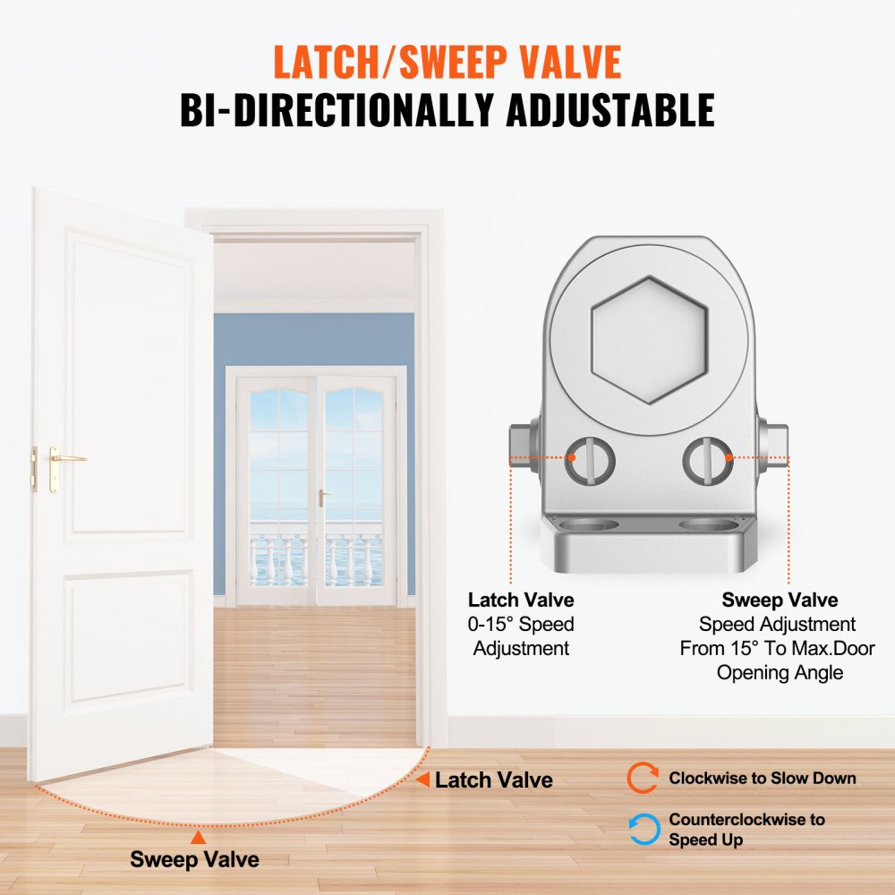 VEVOR Cierrapuertas Automático para Uso Comercial Privado Carga 45 kg Cierrapuertas de Aluminio Fundido Cierrapuertas Tamaño Ajustable con Carcasa de Tope Hidráulico Tres Métodos de Instalación Plata