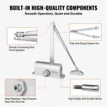 VEVOR Cierrapuertas Automático para Uso Comercial Privado Carga 45 kg Cierrapuertas de Aluminio Fundido Cierrapuertas Tamaño Ajustable con Carcasa de Tope Hidráulico Tres Métodos de Instalación Plata