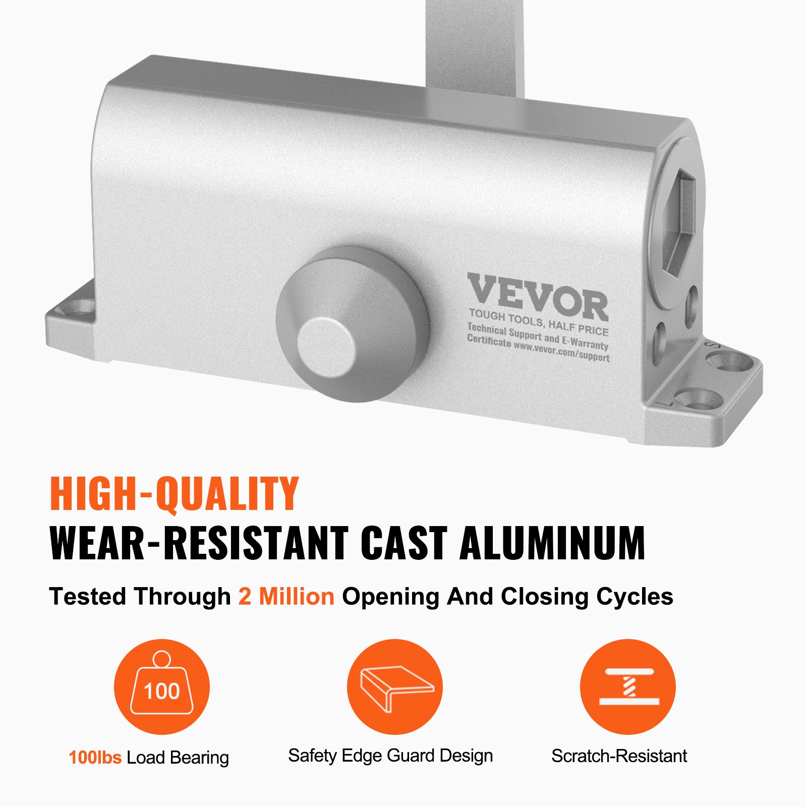 VEVOR Cierrapuertas Automático para Uso Comercial Privado Carga 45 kg Cierrapuertas de Aluminio Fundido Cierrapuertas Tamaño Ajustable con Carcasa de Tope Hidráulico Tres Métodos de Instalación Plata