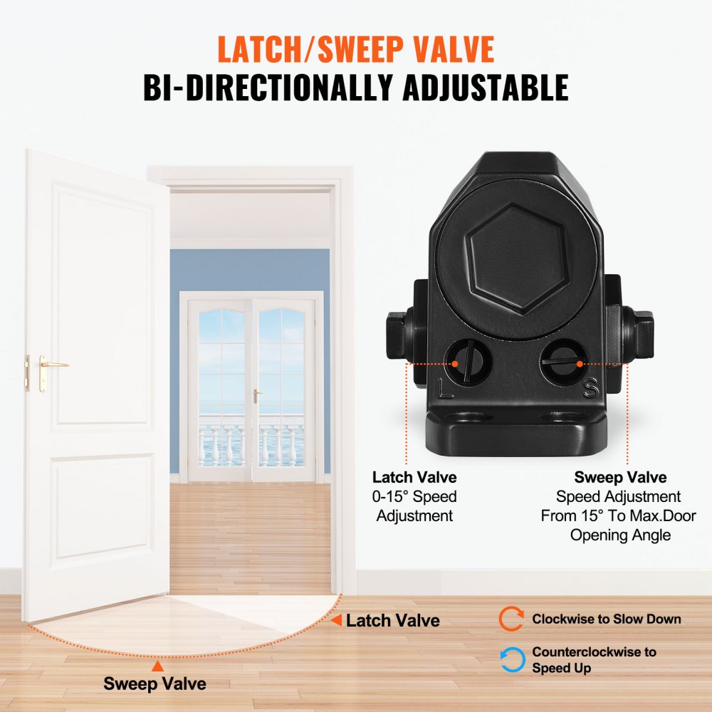 VEVOR Cierrapuertas Automático para Uso Comercial Privado Carga 68 kg Cierrapuertas de Aluminio Fundido Cierrapuertas Tamaño Ajustable con Carcasa de Tope Hidráulico Tres Métodos de Instalación Negro