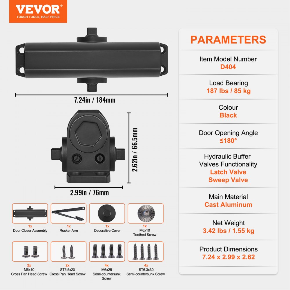 VEVOR Cierrapuertas Automático para Uso Comercial Privado Carga 85 kg Cierrapuertas de Aluminio Fundido Cierrapuertas Tamaño Ajustable con Carcasa de Tope Hidráulico Tres Métodos de Instalación Negro