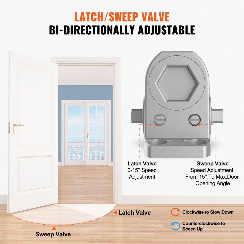 VEVOR Cierrapuertas Automático para Uso Comercial Privado Carga 85 kg Cierrapuertas de Aluminio Fundido Cierrapuertas Tamaño Ajustable con Carcasa de Tope Hidráulico Tres Métodos de Instalación Plata