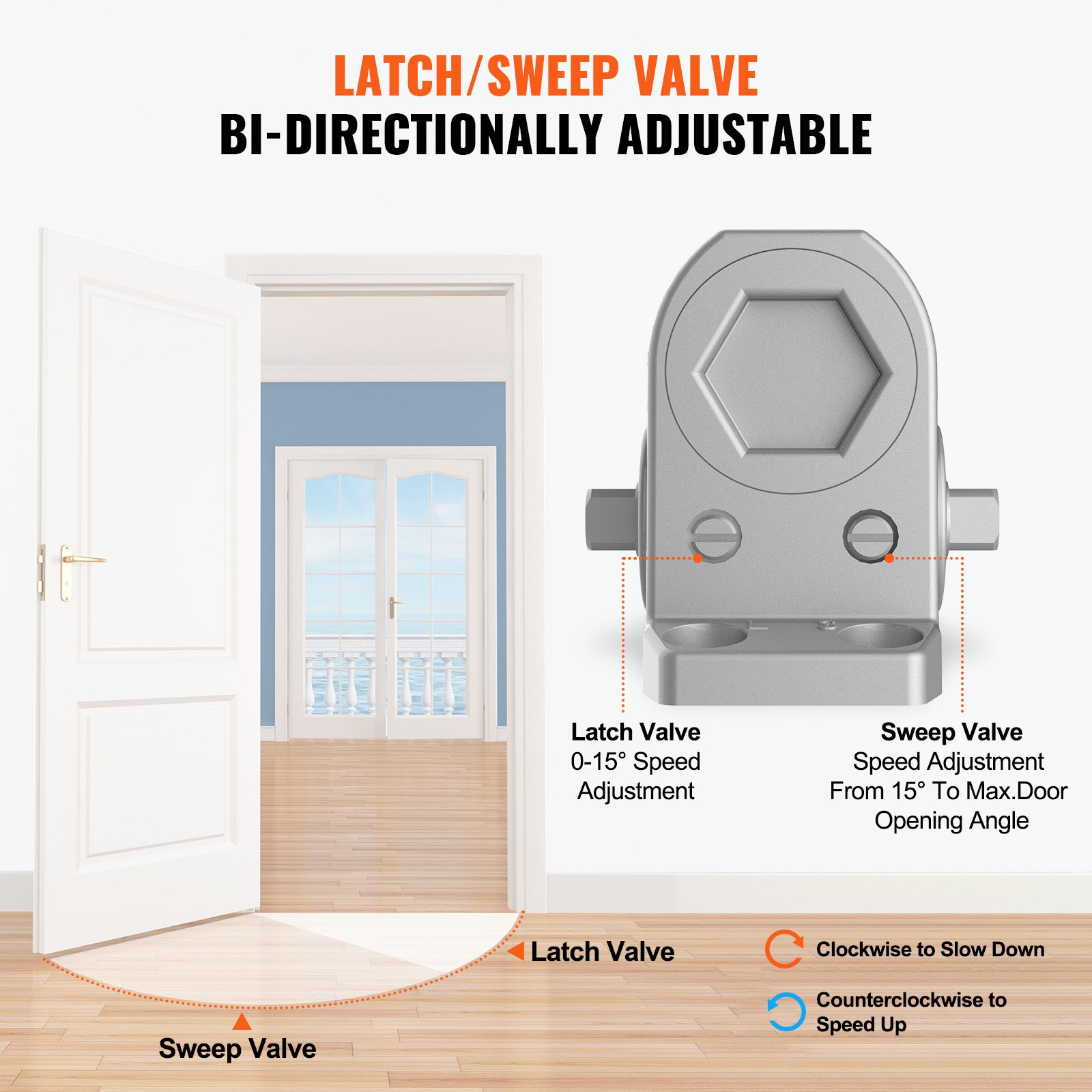 VEVOR Cierrapuertas Automático para Uso Comercial Privado Carga 85 kg Cierrapuertas de Aluminio Fundido Cierrapuertas Tamaño Ajustable con Carcasa de Tope Hidráulico Tres Métodos de Instalación Plata