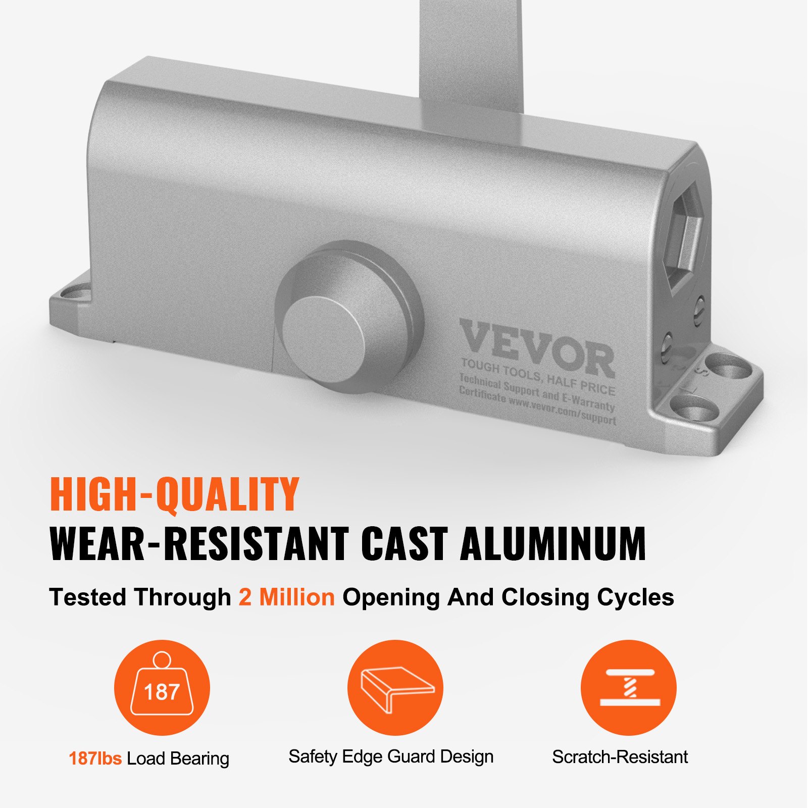 VEVOR Cierrapuertas Automático para Uso Comercial Privado Carga 85 kg Cierrapuertas de Aluminio Fundido Cierrapuertas Tamaño Ajustable con Carcasa de Tope Hidráulico Tres Métodos de Instalación Plata