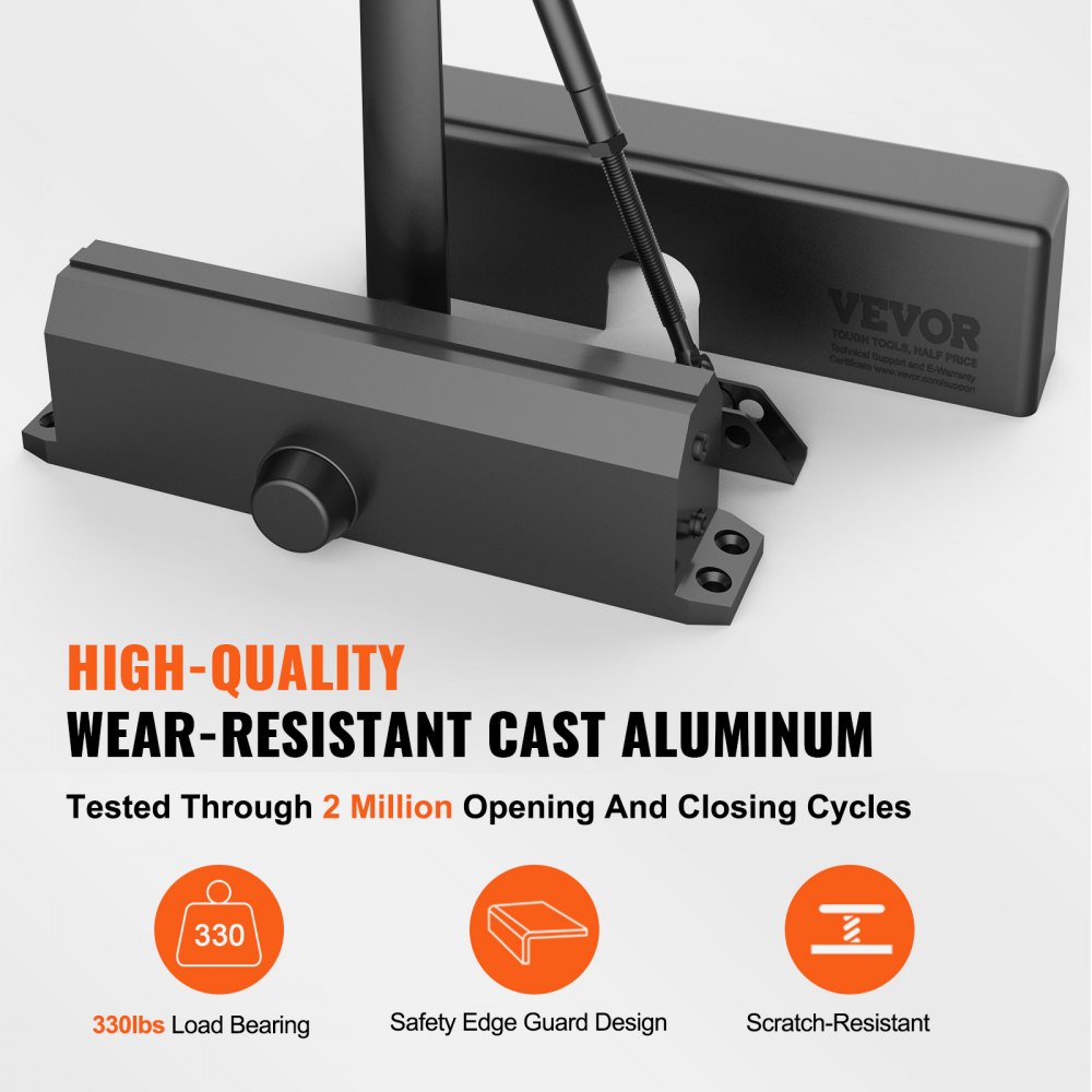 VEVOR Cierrapuertas Automático para Uso Comercial Privado Carga 150 kg Cierrapuertas de Aluminio Fundido Cierrapuertas Tamaño Ajustable con Carcasa de Tope Hidráulico Tres Métodos de Instalación Negro