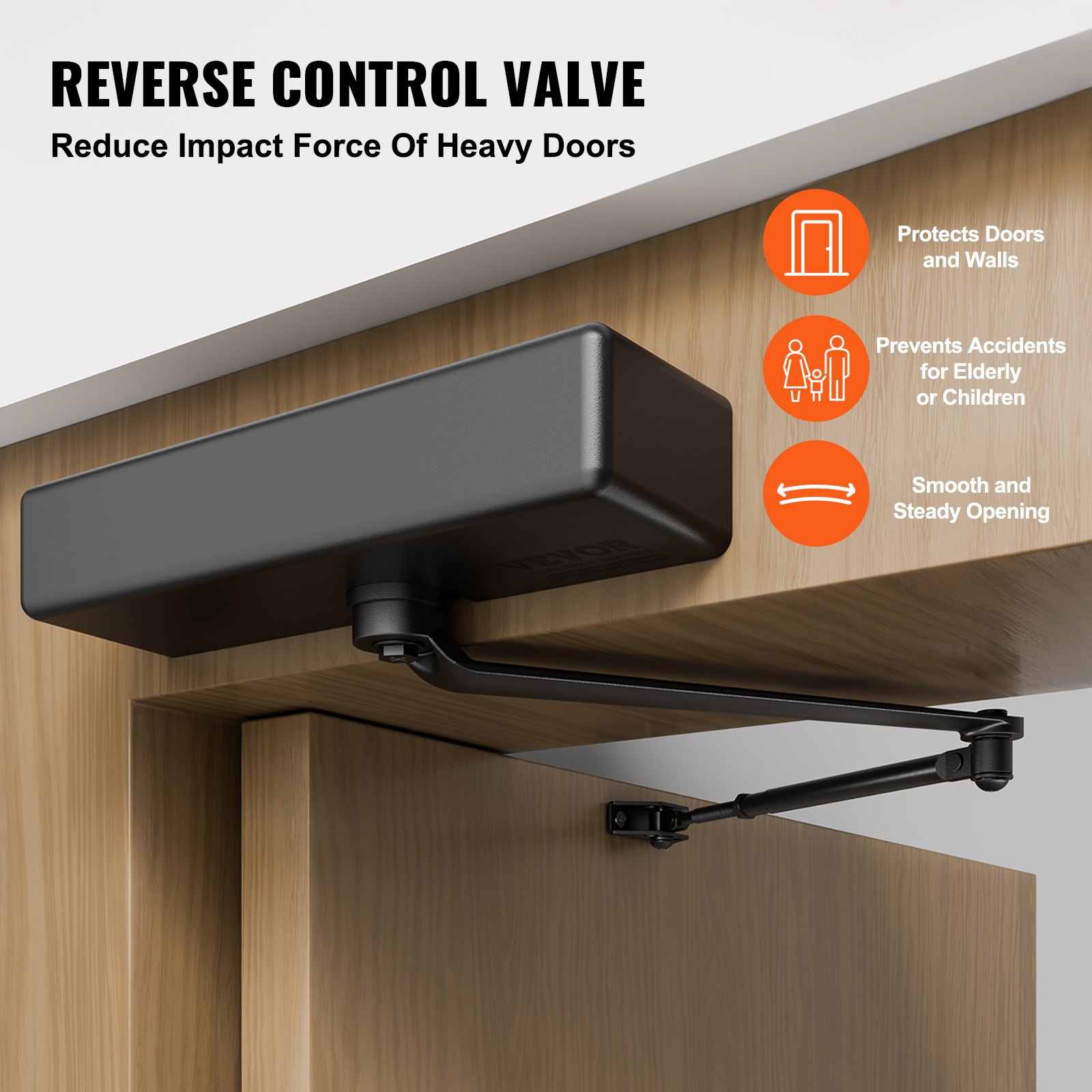 VEVOR Cierrapuertas Automático para Uso Comercial Privado Carga 150 kg Cierrapuertas de Aluminio Fundido Cierrapuertas Tamaño Ajustable con Carcasa de Tope Hidráulico Tres Métodos de Instalación Negro