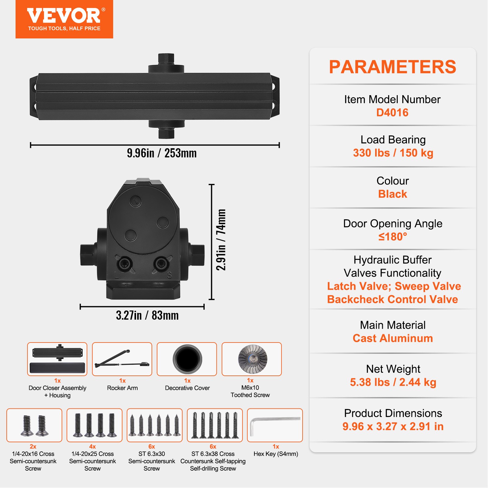 VEVOR Cierrapuertas Automático para Uso Comercial Privado Carga 150 kg Cierrapuertas de Aluminio Fundido Cierrapuertas Tamaño Ajustable con Carcasa de Tope Hidráulico Tres Métodos de Instalación Negro
