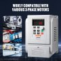 Panel de control VEVOR vfd 2,2kw con imágenes de maquinaria industrial y cableado eléctrico de fondo.