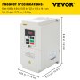 Variador de frecuencia VEVOR con dimensiones y especificaciones sobre fondo amarillo.