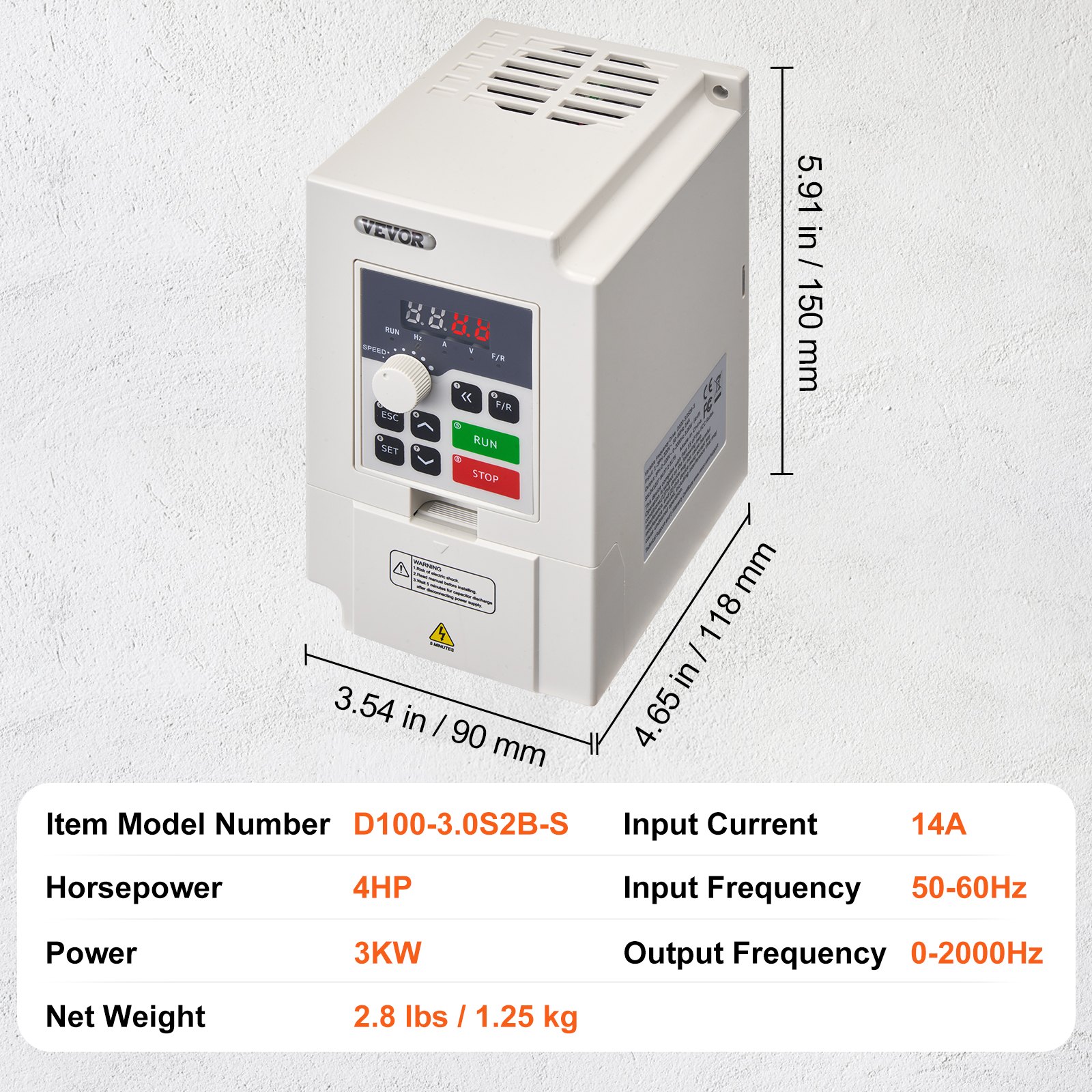 VEVOR frequency converter VFD 4 HP 3 kW, 14 A, 1/3-phase AC 220V input to 3-phase AC 0-220 V output, frequency converter 50/60 Hz input, 0-2000 Hz output VFD for speed control of the spindle motor