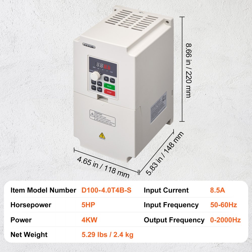 VEVOR frequency converter VFD 5PS, 4kW, 8.5A, 3-phase AC, 380V input to 3-phase AC, 0-380V output, frequency converter, 50/60 Hz input, 0-2000Hz output, VFD for speed control of the spindle motor