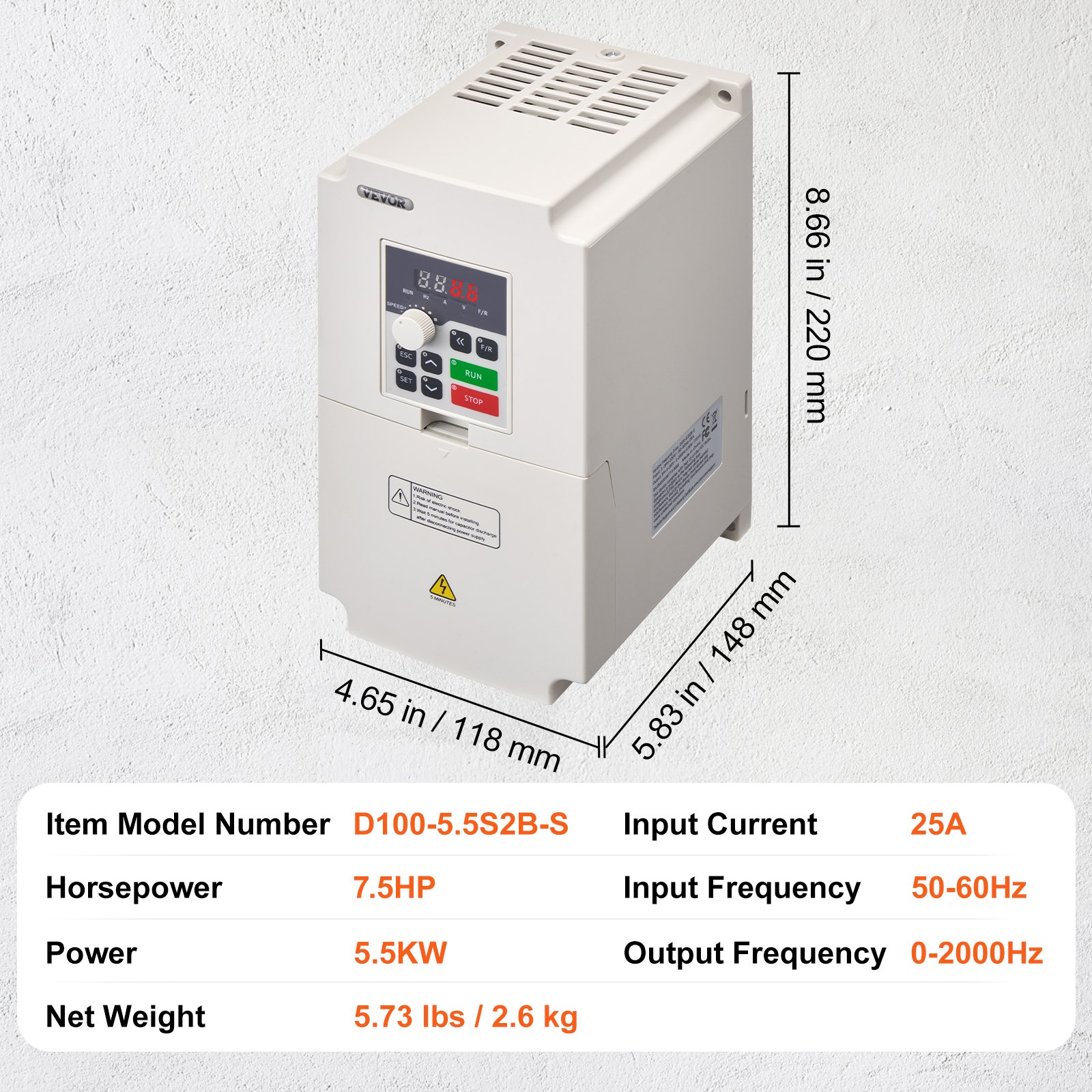 VEVOR Inversor de Frecuencia Variador de Frecuencia de 5,5 kW 25 A Entrada Monofásica o Trifásica de 50/60 Hz a Salida Trifásica de 0-2000 Hz VFD para Control de Velocidad del Motor del Husillo CNC
