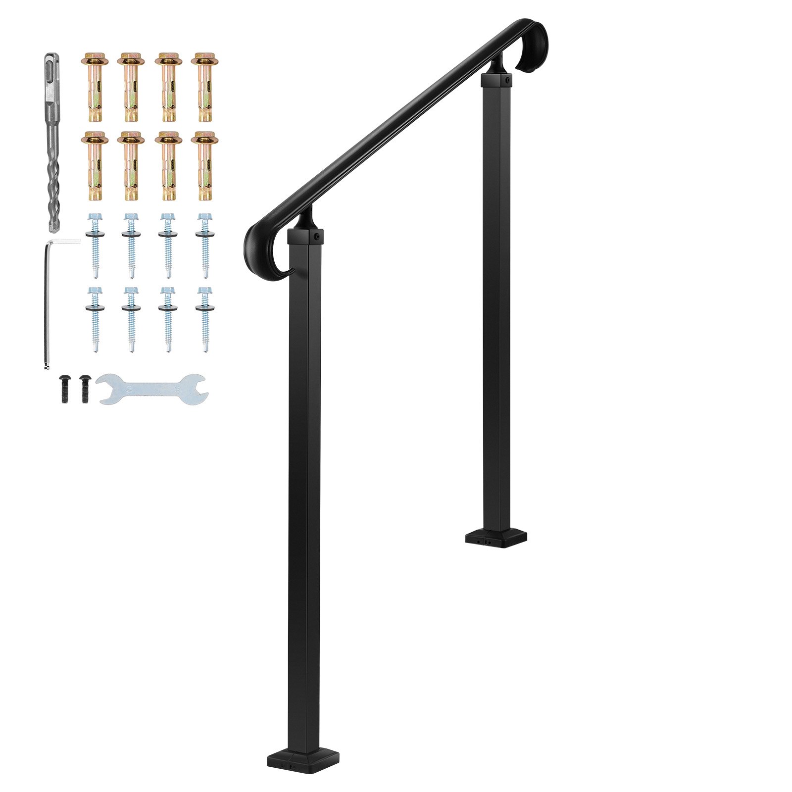 VEVOR Barandilla de Escalera Exterior de Acero al Carbono Pasamanos para 2-3 Escalones Carga de 100 kg con Kit de Instalación para Personas Mayores, Escalones de Concreto, Porche, Patio, Negro