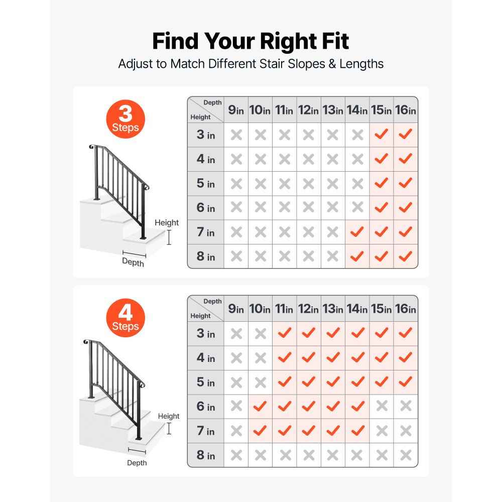 VEVOR Barandilla de Escalera, 3-4 Peldaños, Ajustable 0°-45°, Paquete de 2, Pasamanos de Escalera para Interior y Exterior, Carga 100 kg, con Accesorios de Instalación para Madera, Hormigón y Ladrillo