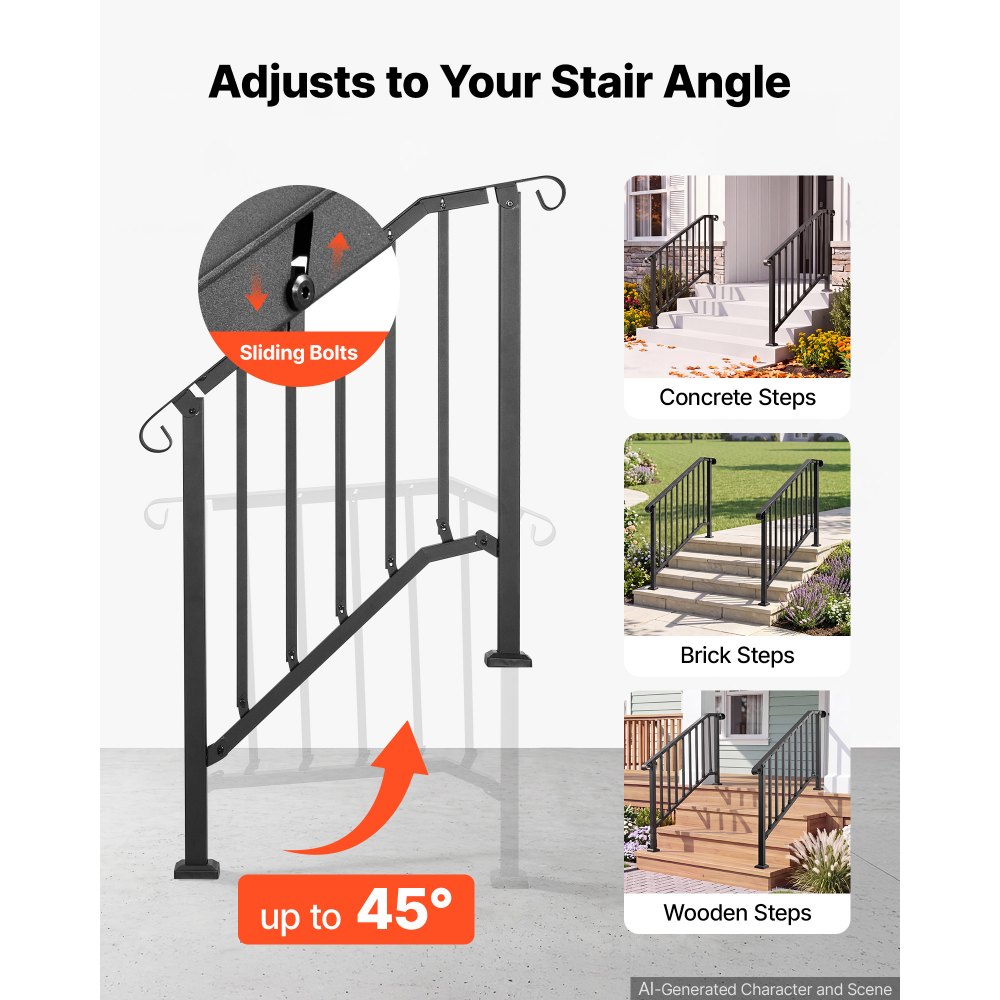 VEVOR Barandilla de Escalera, 3-4 Peldaños, Ajustable 0°-45°, Paquete de 2, Pasamanos de Escalera para Interior y Exterior, Carga 100 kg, con Accesorios de Instalación para Madera, Hormigón y Ladrillo