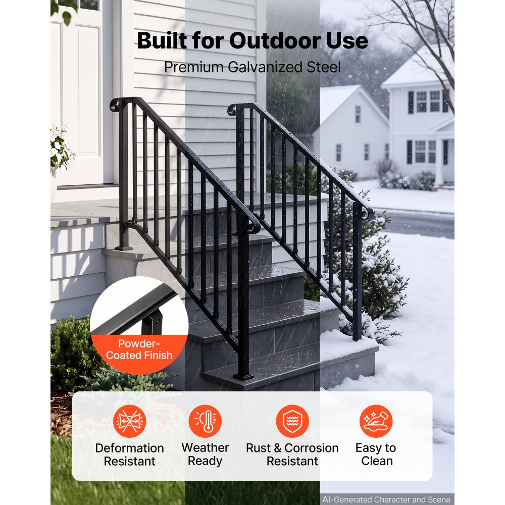 VEVOR Barandilla de Escalera, 3-4 Peldaños, Ajustable 0°-45°, Paquete de 2, Pasamanos de Escalera para Interior y Exterior, Carga 100 kg, con Accesorios de Instalación para Madera, Hormigón y Ladrillo
