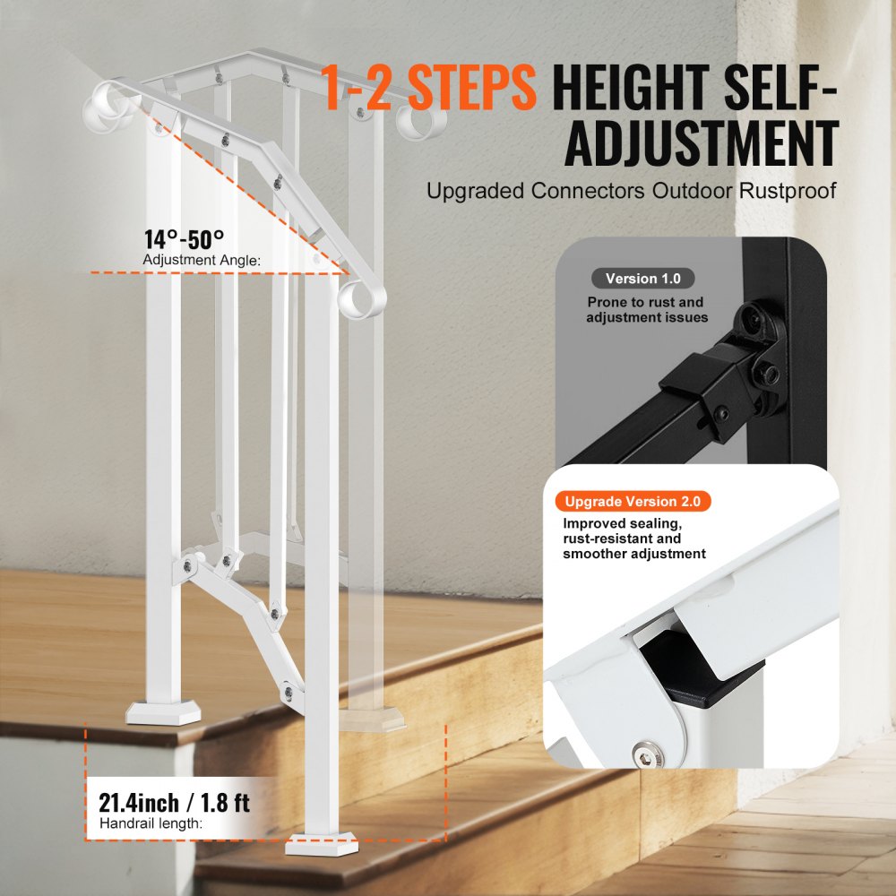 VEVOR Pasamanos para Escaleras 1-2 Escalones Barandillas de Acero al Carbono de Transición con Kit de Instalación Barandillas para Escalones de Hormigón, Porches, Terrazas, Arco Retro, Blanco
