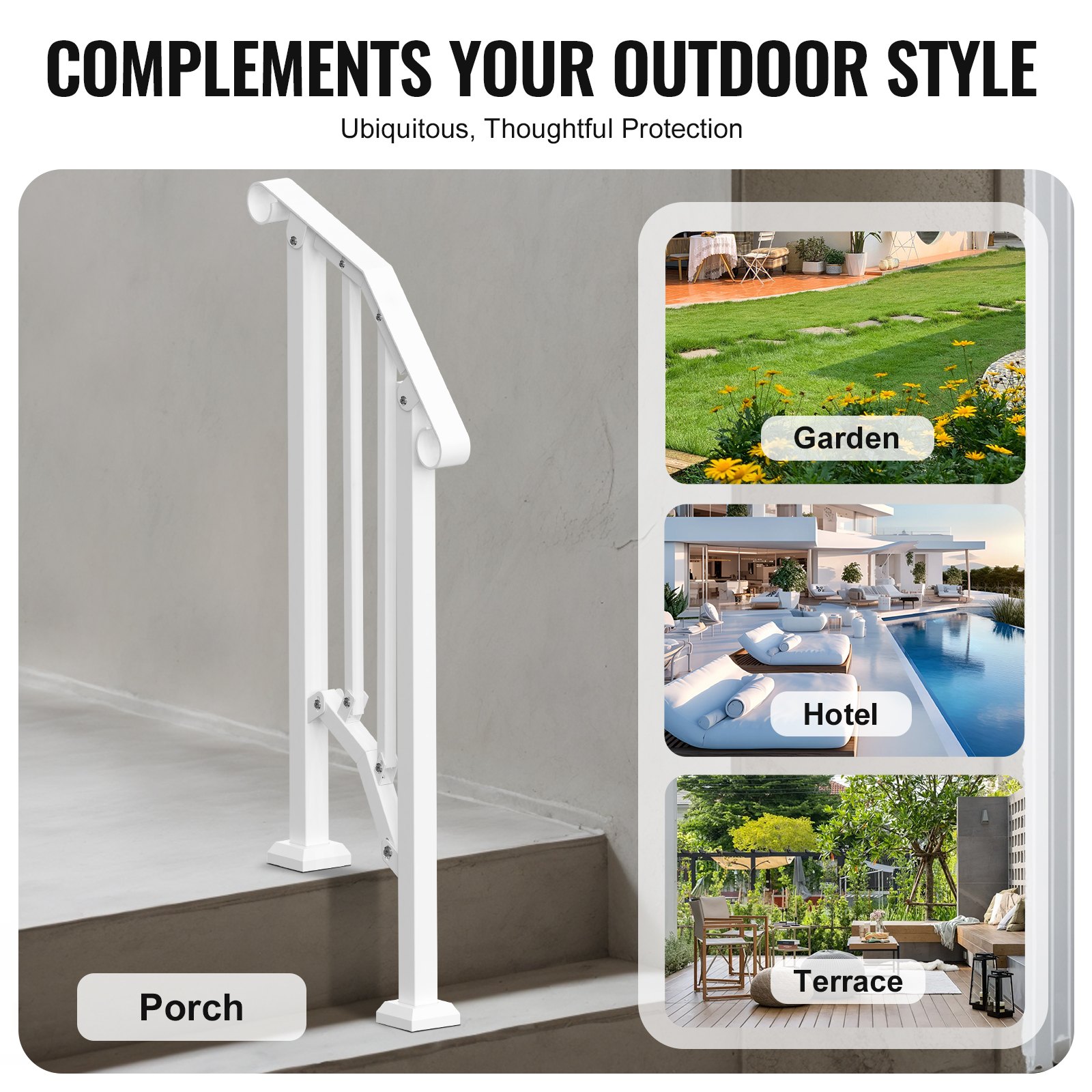 VEVOR Handrails for Outdoor Stairs, 1-2 Step Stair Handrail Set, Carbon Steel Transition Railing with Mounting Kit, Stair Railing for Seniors, Concrete Steps & Porch & Deck, White Retro Arch
