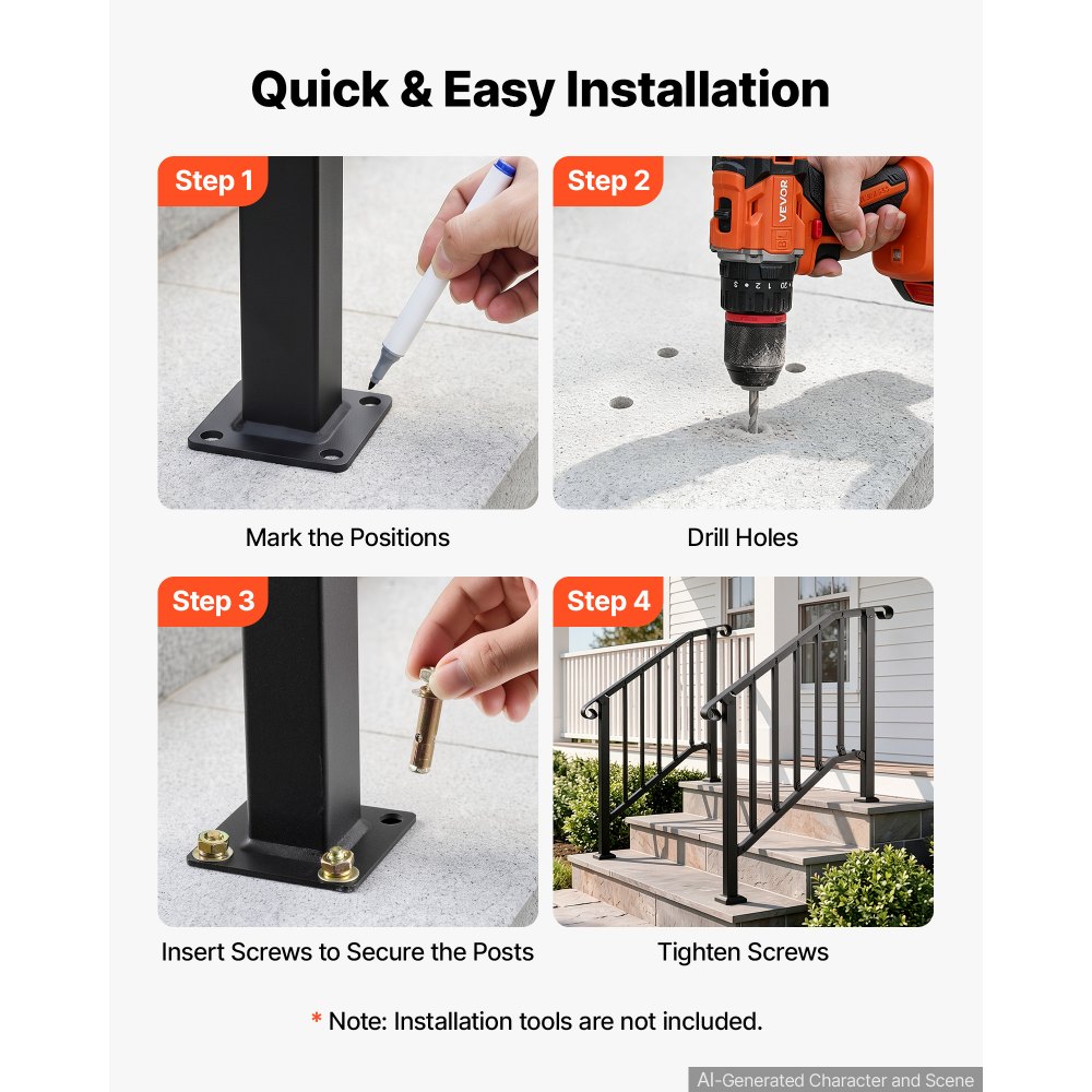 VEVOR Barandilla de Escalera Paquete de 2, 2-3 Peldaños, Ajustable 0°-45°, con Accesorios de Instalación Pasamanos de Escalera para Interior y Exterior Carga 100 kg para Madera, Hormigón y Ladrillo