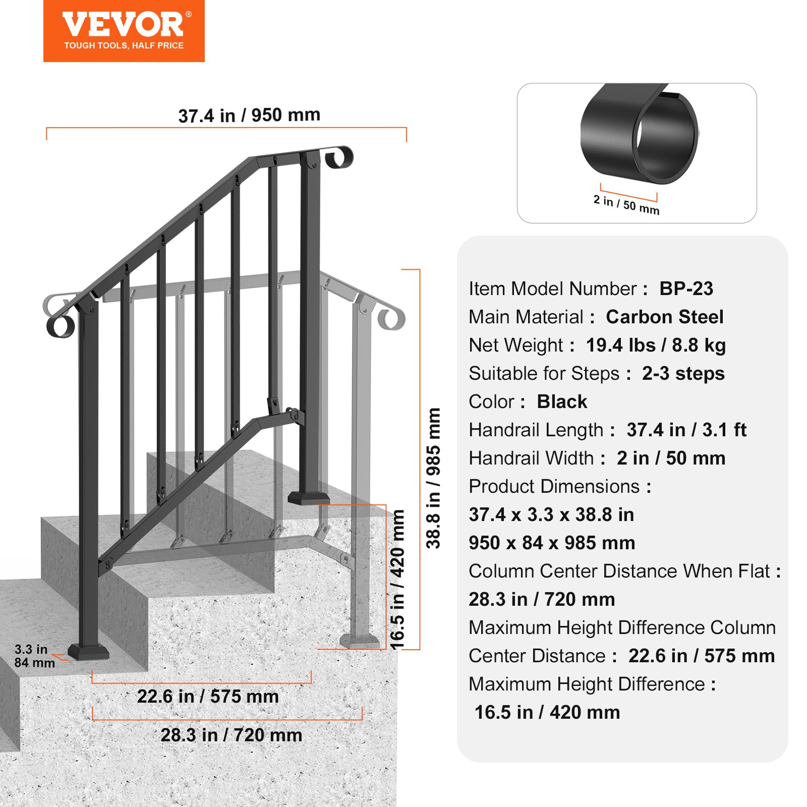 VEVOR Pasamanos para Escaleras 2-3 Escalones Barandillas de Acero al Carbono de Transición con Kit de Instalación Barandillas para Escalones de Hormigón, Porches, Terrazas, Arco Retro, Negro