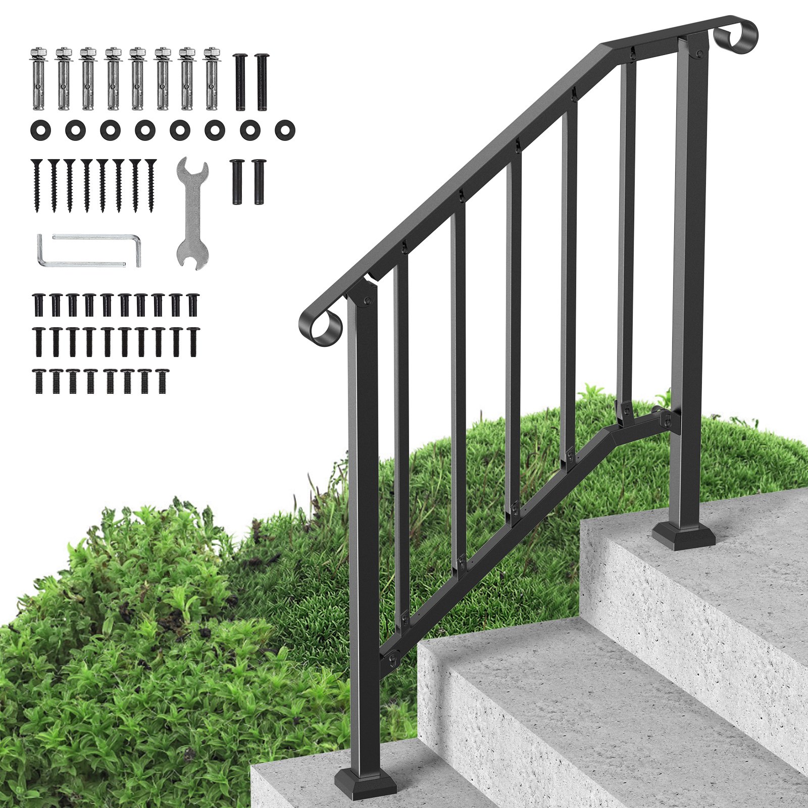 VEVOR Pasamanos para Escaleras 2-3 Escalones Barandillas de Acero al Carbono de Transición con Kit de Instalación Barandillas para Escalones de Hormigón, Porches, Terrazas, Arco Retro, Negro