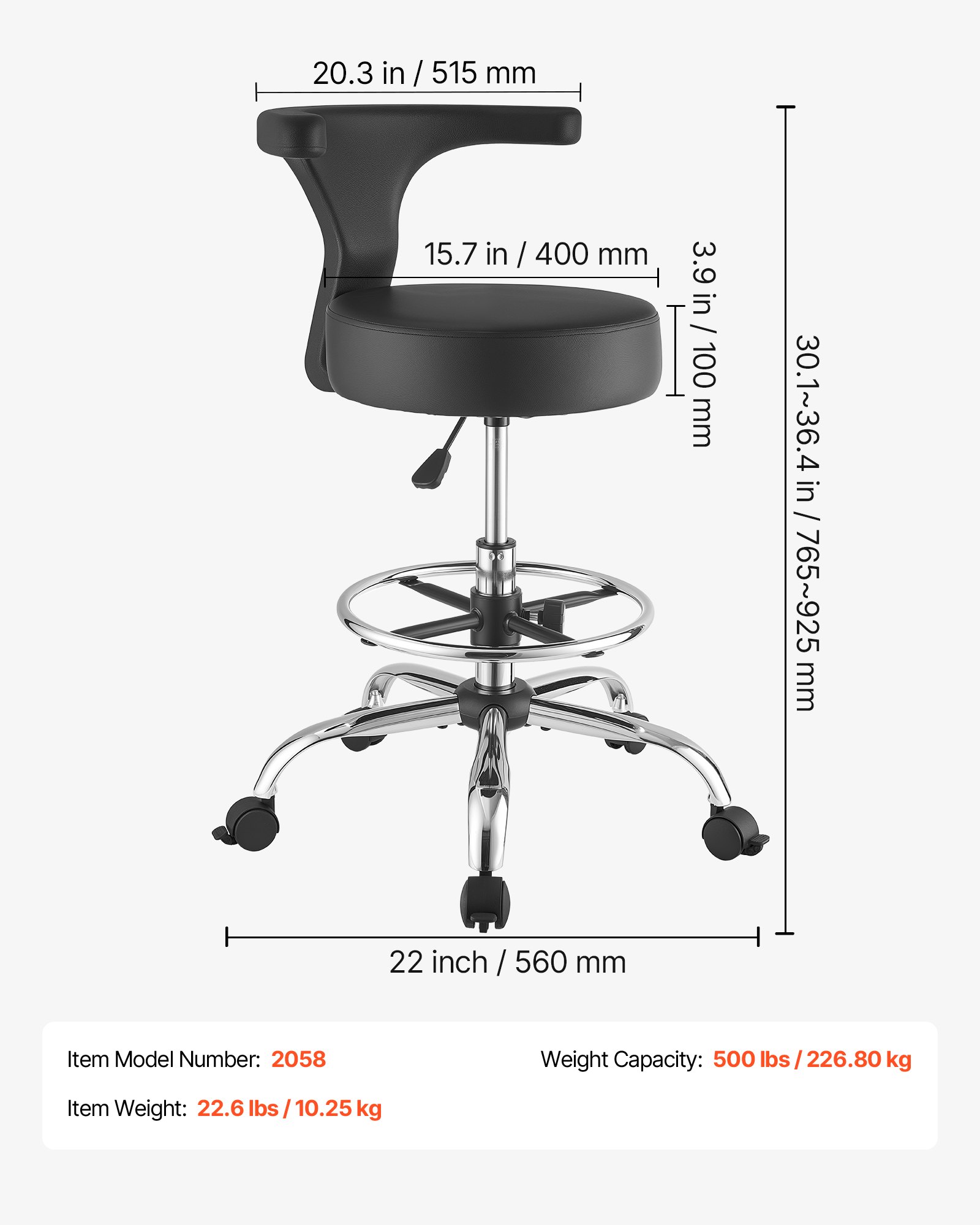 VEVOR Taburete Giratorio de Trabajo, Taburete con Respaldo Reposapiés y Ruedas, Ajustable 54-70 cm, Giro 360°, Capacidad de Carga 226,8 kg, Asiento Ergonómico Acolchado, Silla para Oficina Clínica