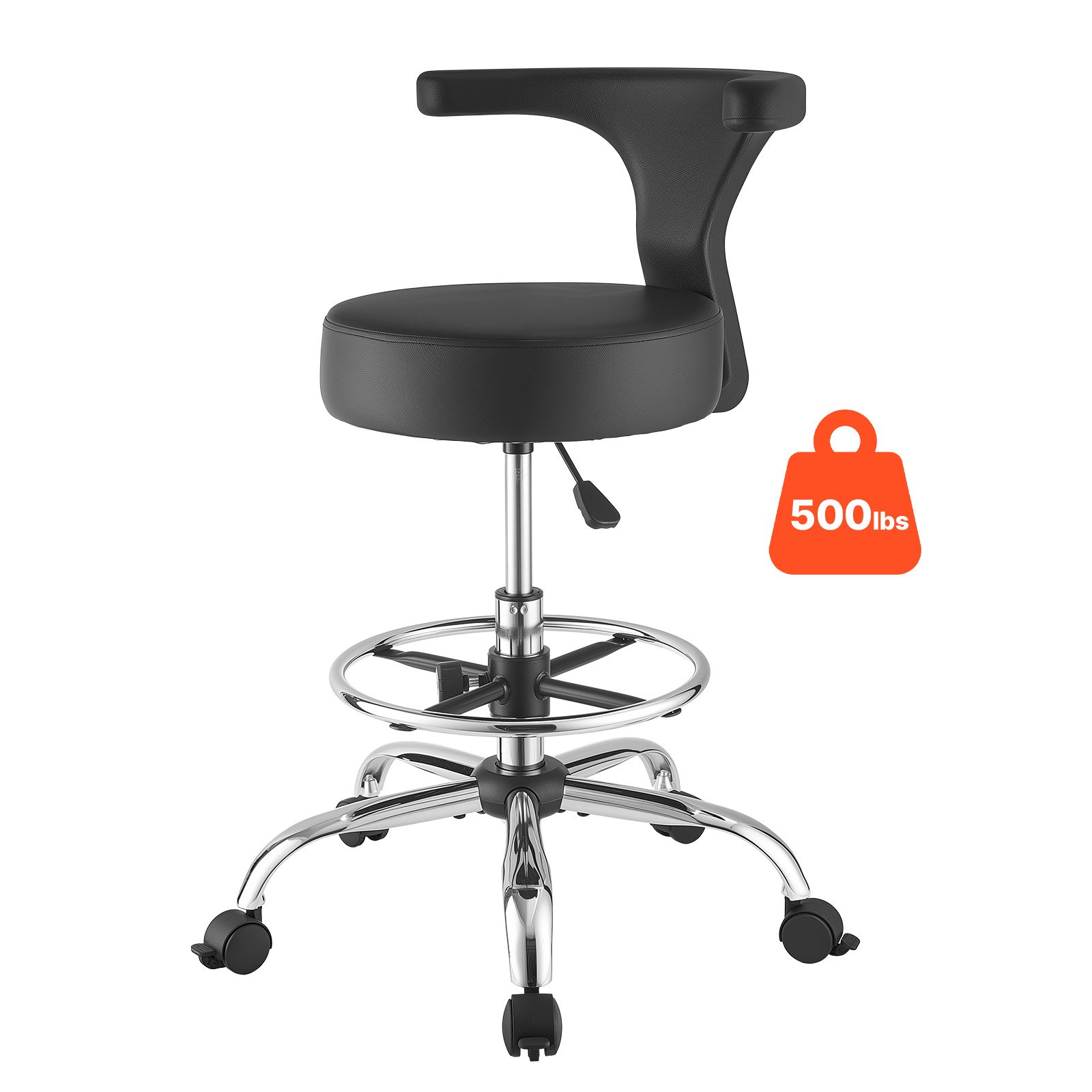 VEVOR Taburete Giratorio de Trabajo, Taburete con Respaldo Reposapiés y Ruedas, Ajustable 54-70 cm, Giro 360°, Capacidad de Carga 226,8 kg, Asiento Ergonómico Acolchado, Silla para Oficina Clínica