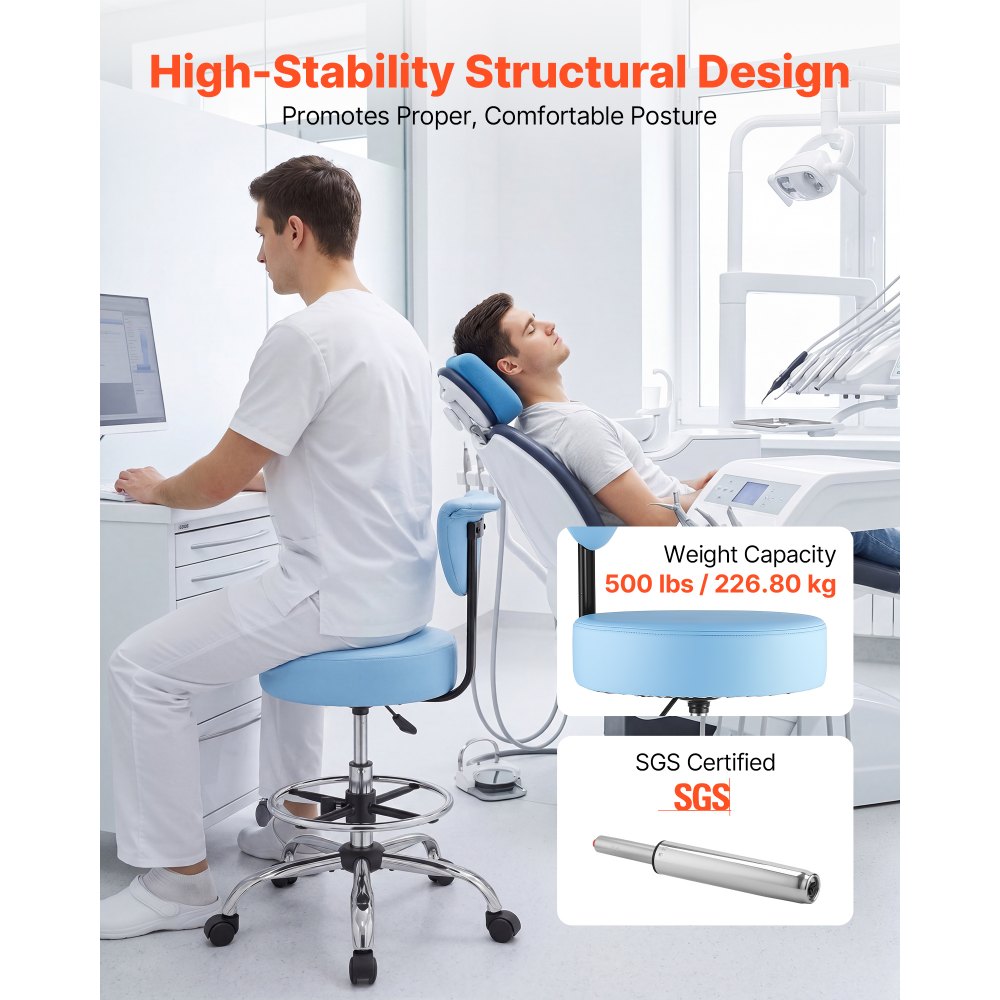 VEVOR Taburete Giratorio de Trabajo, Taburete con Ruedas Respaldo y Reposapiés, Altura Ajustable de 54-70 cm, Soporta 226,8 kg, Asiento Ergonómico Acolchado y Tapizado, para Oficina Clínica, Azul