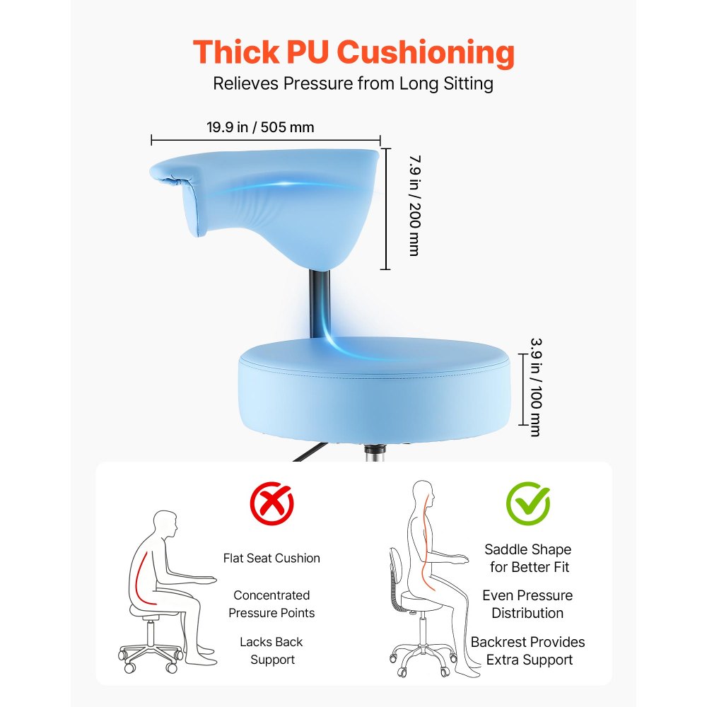 VEVOR Taburete Giratorio de Trabajo, Taburete con Ruedas Respaldo y Reposapiés, Altura Ajustable de 54-70 cm, Soporta 226,8 kg, Asiento Ergonómico Acolchado y Tapizado, para Oficina Clínica, Azul