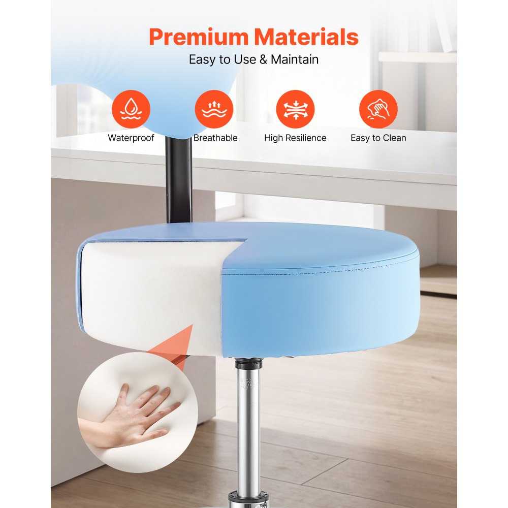 VEVOR Taburete Giratorio de Trabajo, Taburete con Ruedas Respaldo y Reposapiés, Altura Ajustable de 54-70 cm, Soporta 226,8 kg, Asiento Ergonómico Acolchado y Tapizado, para Oficina Clínica, Azul