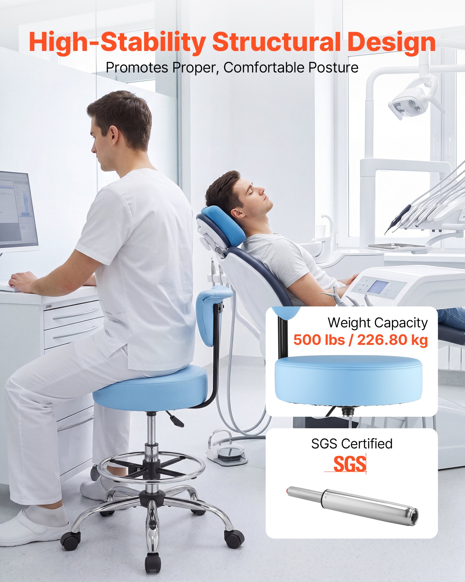 VEVOR Taburete Giratorio de Trabajo, Taburete con Ruedas Respaldo y Reposapiés, Altura Ajustable de 54-70 cm, Soporta 226,8 kg, Asiento Ergonómico Acolchado y Tapizado, para Oficina Clínica, Azul