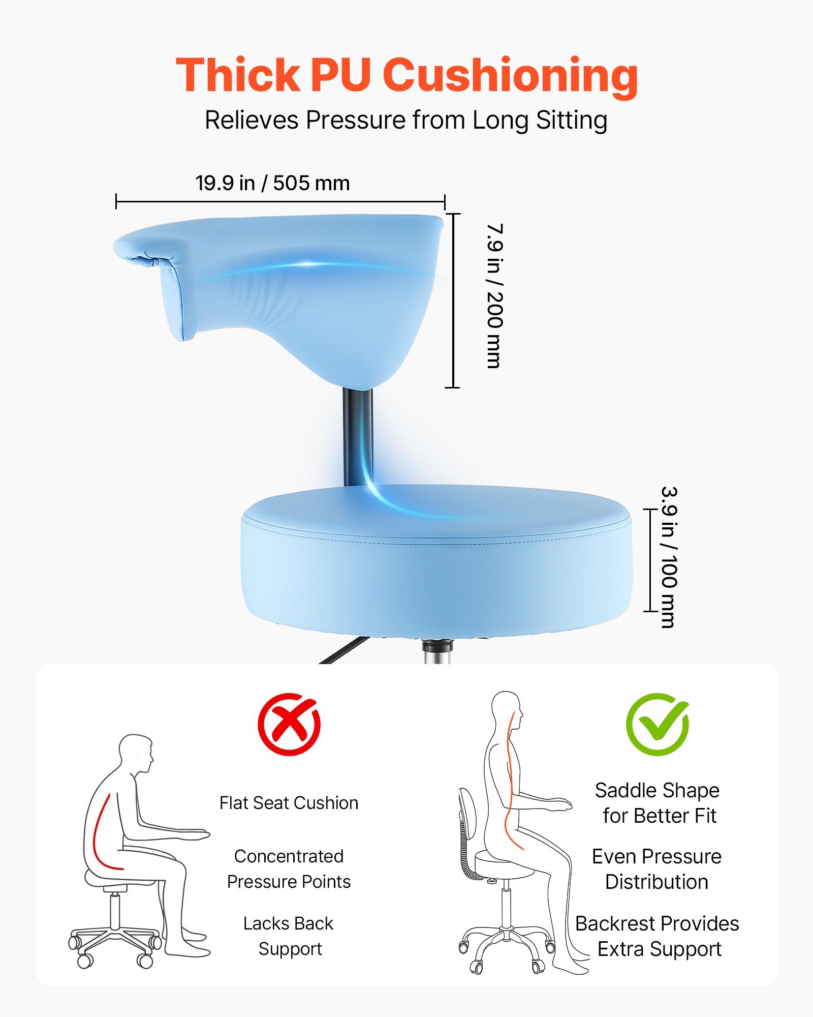 VEVOR Taburete Giratorio de Trabajo, Taburete con Ruedas Respaldo y Reposapiés, Altura Ajustable de 54-70 cm, Soporta 226,8 kg, Asiento Ergonómico Acolchado y Tapizado, para Oficina Clínica, Azul